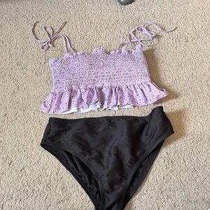 Lilac Smocked Ruffle Bikini Top with Black High-Waist Bottoms